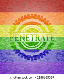 Empieza el emblema sobre fondo de mosaico con los colores de la bandera LGBT. 
