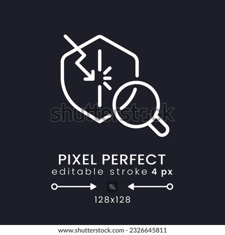 Penetration test white linear desktop icon on black. Vulnerability detection. Ethical hacking. Pixel perfect 128x128, outline 4px. Isolated user interface symbol for dark theme. Editable stroke