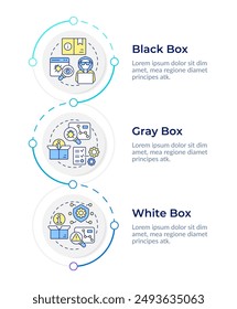 Penetrationstesttypen Infografik Design Vorlage. Schwachstellenbewertung. Datenvisualisierung 3 Optionen. Vertikales Ablaufdiagramm verarbeiten