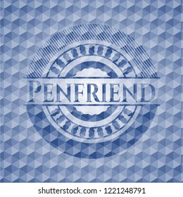 Penfriend blue badge with geometric pattern.