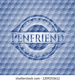 Penfriend blue emblem with geometric pattern background.