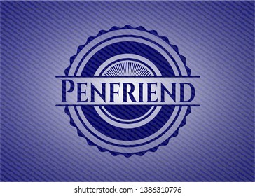 Penfriend emblem with jean background. Vector Illustration. Detailed.