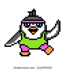 Penguin In 80's Aerobics Costume Working Out, Cute Pixel Art Animal Character Isolated On White Background. Old School Retro 8 Bit Slot Machine, Computer, Video Game Graphics. Cartoon Fitness Mascot.