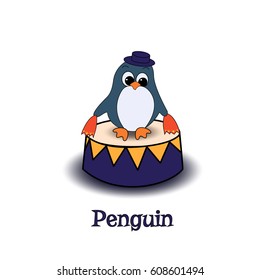 The penguin acts in the circus. Vector illustration on a white background .