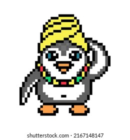 Penguin in african head-wrap and beaded necklace, pixel art animal character isolated on white background. Old school retro 80s, 90s 8 bit slot machine, computer, video game graphics. Cartoon mascot.