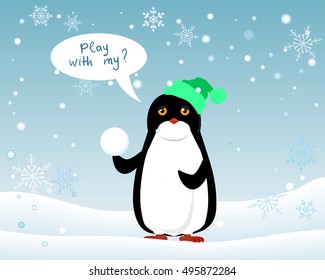 Penguin animal in green hat and snowball on winter landscape wirh speech bubble play with me. Funny polar winter bird banner poster greeting card. Cartoon character wild penguin in flat style. Vector