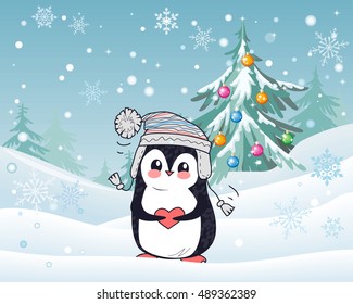 Penguin animal in hat and heart with winter landscape on the background. Funny polar winter bird banner poster greeting card. Cartoon character wild penguin in flat style design. Vector illustration