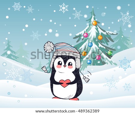 Penguin animal in hat and heart with winter landscape on the background. Funny polar winter bird banner poster greeting card. Cartoon character wild penguin in flat style design. Vector illustration