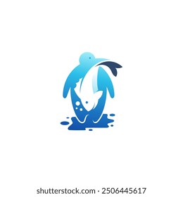 penguin animal icon eating fresh fish, blue color