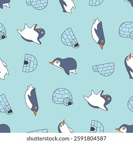 Penguin Animal Igloo Pattern Vector Illustration Seamless for Background Wallpaper Packaging Cover