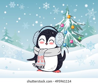 Penguin animal in scarf and headphones with winter landscape on background. Funny polar winter bird banner poster greeting card. Cartoon character wild penguin in flat design. Vector illustration