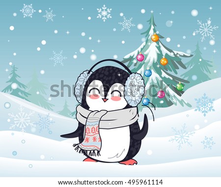 Penguin animal in scarf and headphones with winter landscape on background. Funny polar winter bird banner poster greeting card. Cartoon character wild penguin in flat design. Vector illustration