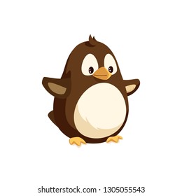 Penguin animal with side view vector. Winter seabird with wings and beak, standing with arms raised. Isolated bird from antarctic area, marine creature