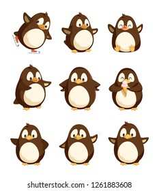 Penguin animal with wings and smooth feathers bird with beak vector. Set of happy winter character with good mood, cartoon from antarctic area seabirds