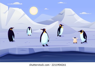 Penguin animals, antarctic cold landscape. Family in ice winter, cube of snow. polar Antarctic characters, wildlife nature, white arctic baby and parents. Vector design cartoon illustration