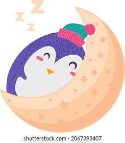 Penguin antarctic bird sleeping on moon vector