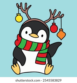 Penguin With Antlers And Christmas Ornaments