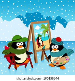 penguin artist fantasy - vector illustration