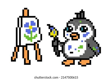 Penguin artist painting on easel with canvas with paintbrush, cute pixel art animal character isolated on white background. Old school retro 80s, 90s 8 bit slot machine, computer, video game graphics.