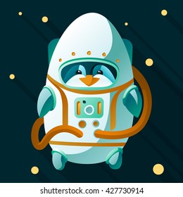 Penguin astronaut flying in outer space. flat design