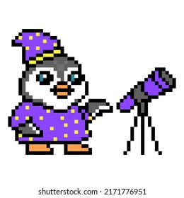 Penguin astronomer in a mantle and cap with a telescope, pixel art animal character on white. Old school retro 80s, 90s 8 bit slot machine, video game graphics. Cartoon science mascot. Astronomy logo.