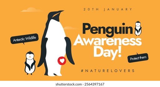 Penguin awareness day, 20th January. Penguin day social media banner or poster with mother and baby penguins. Protect penguins awareness post with yellow background and baby penguin vector