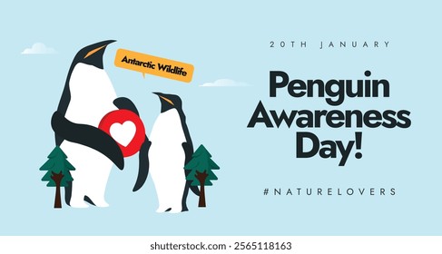 Penguin awareness day. 20th January Penguin day awareness banner with mother and baby penguins. Vector stock illustration