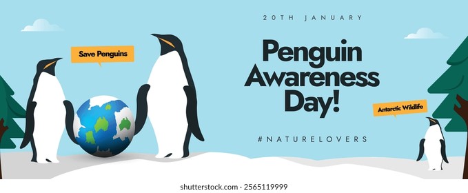 Penguin awareness day, 20th January. Penguins day cover or banner with penguin family standing in snow. Vector stock illustration