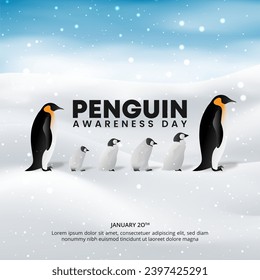 Penguin Awareness Day background with penguins walking in line