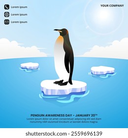 Penguin Awareness Day banner with a penguin standing on melted ice
