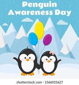 Penguin awareness day card with cute penguin couple boy and girl stand with colorful balloons on arctic landscape background. Flat design vector illustration funny winter little baby bird character.