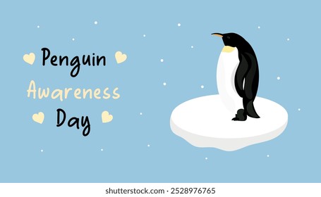 Día de Concienciación del Pingüino, 20 de enero. Pingüino emperador e Iceberg. Conservar los animales. Ilustración vectorial. Diseño para tarjeta, Anuncio, Plantilla o cartel.