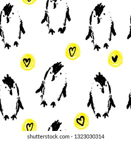 Penguin Awareness Day. Seamless pattern with penguins, circles and hearts for kids. Penguins and hearts hand drawn. Pattern for fabric, textile, cards, wrapping paper, children's clothing. Vector.