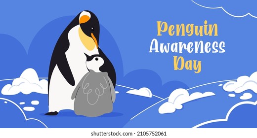 Penguin Awareness Day vector banner on blue background. Good for national penguin day celebration. For background, social media, card, poster with text. Flat design. Lovely penguin mother and baby.