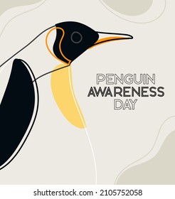 Penguin Awareness Day vector card on beige background. Line art penguin character. Modern trendy illustration. Penguin Day, January 20. Pastel color