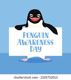 Penguin Awareness Day vector greeting card on blue background. Cute penguin cartoon character. Penguin hold sign with text . Penguin Day Poster, January 20