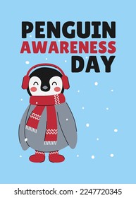 Penguin Awareness Day vector illustration on blue background. Happy penguin in headphones, scarf and socks