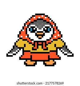 Penguin babushka in a headscarf, skirt, shirt, pixel art animal character isolated on white background. Old school retro 80s, 90s 8 bit slot machine, video game graphics. Cartoon fashion woman mascot.