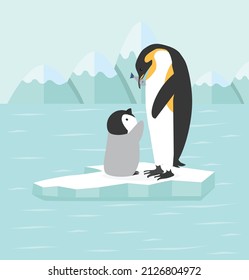 Penguin with baby  in North pole Arctic