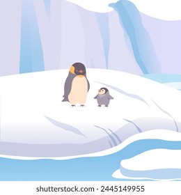 Penguin with baby in north pole on arctic iceberg vector. Cartoon cute nature winter ice cold freeze antarctica landscape with polar animals and snow mountains hills. Global climate warming problem.