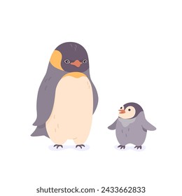 Pinguin mit Baby in Nordpol Vektor-Illustration isoliert auf weiß. Cartoon niedliche Natur Winter polare Tiere. Problem der globalen Klimaerwärmung.