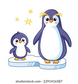 Un pingüino y un pingüino bebé se paran sobre una capa de hielo en un fondo blanco. Ilustración vectorial al estilo de las caricaturas con animales lindos.