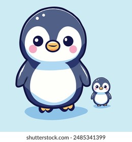 Penguin and a baby penguin stand on an ice floe on a white background. Vector illustration in cartoon style with cute animals.