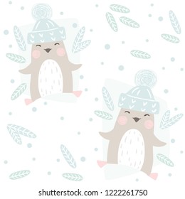 Penguin baby winter seamless pattern. Cute animal in warm hat Christmas background. Design for nursery, t-shirt, kids apparel, wrapping paper, fabric, New year textile. Scandinavian child design
