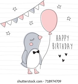 penguin with balloon happy birthday vector illustration