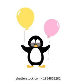Pingüino con globos de ilustración vectorial sobre el fondo blanco. Ilustración del vector