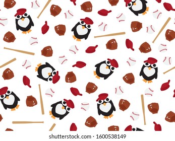 Penguin, Baseball Glove and Bat and Red Visor Seamless Pattern