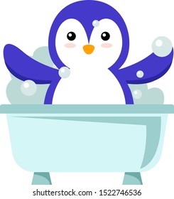 Pingüino en baño, ilustración, vector sobre fondo blanco.