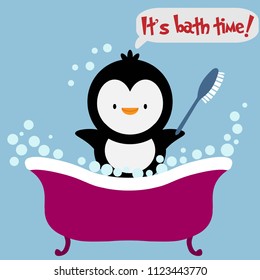Penguin in a bath with text IT'S BATH TIME