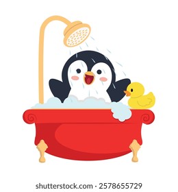 Penguin bathing with foam animal cartoon